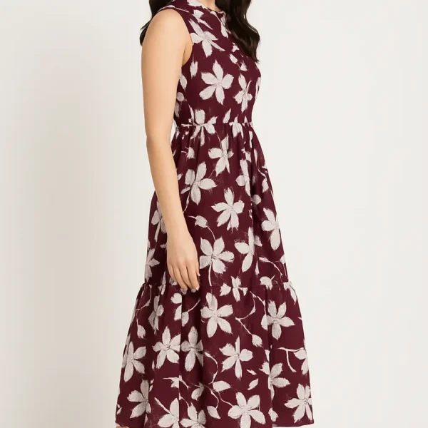 Sleeveless Maroon Floral Printed Midi Dress