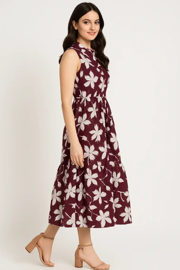 Sleeveless Maroon Floral Printed Midi Dress - Image 1