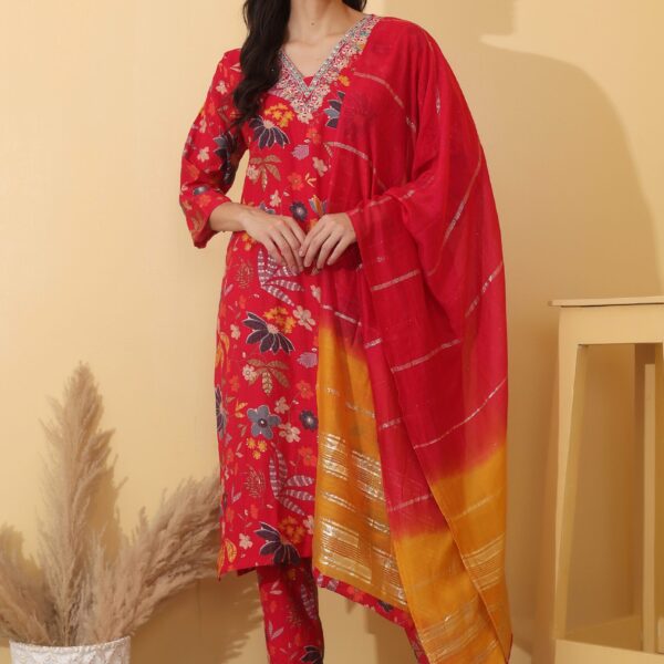 Floral Print Kurta, Trouser/Pant & Dupatta Set