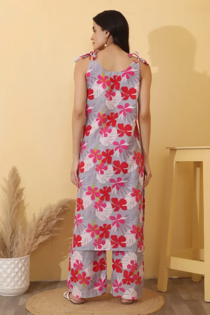 Women's Floral Print Co-Ord Set Red and Pink Tropical Motifs - Image 3