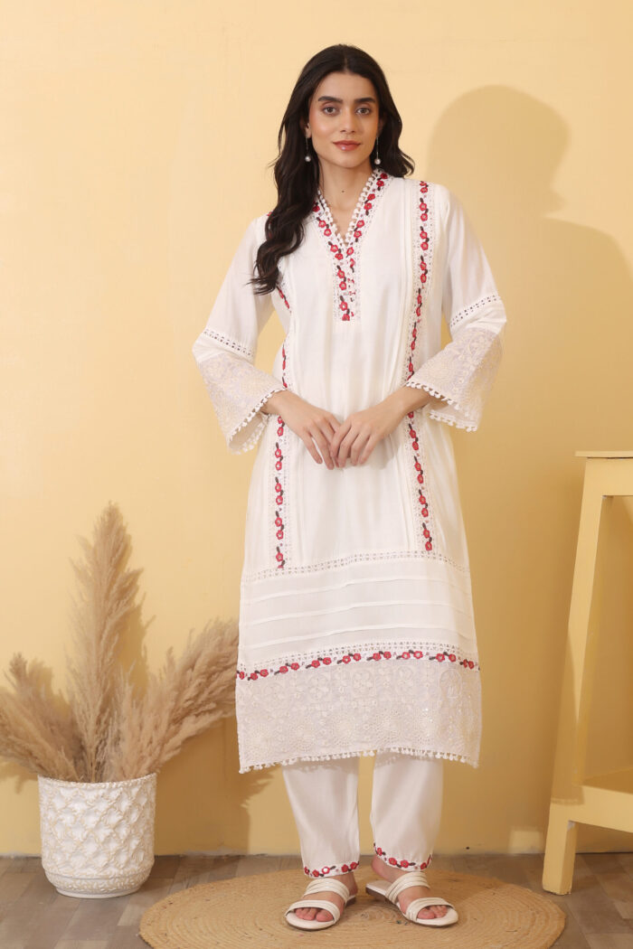Women Elegant White Embroidered Kurta Set with Red Floral Dupatta - Image 2