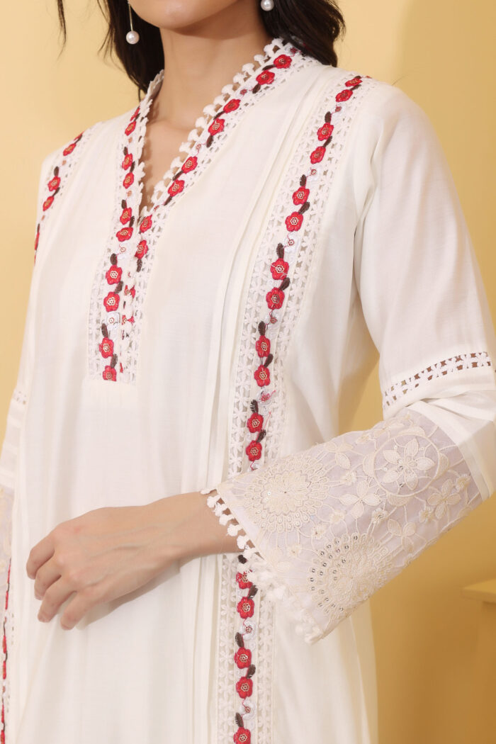 Women Elegant White Embroidered Kurta Set with Red Floral Dupatta - Image 6
