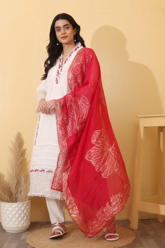 Women Elegant White Embroidered Kurta Set with Red Floral Dupatta - Image 3