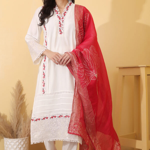 Women Elegant White Embroidered Kurta Set with Red Floral Dupatta