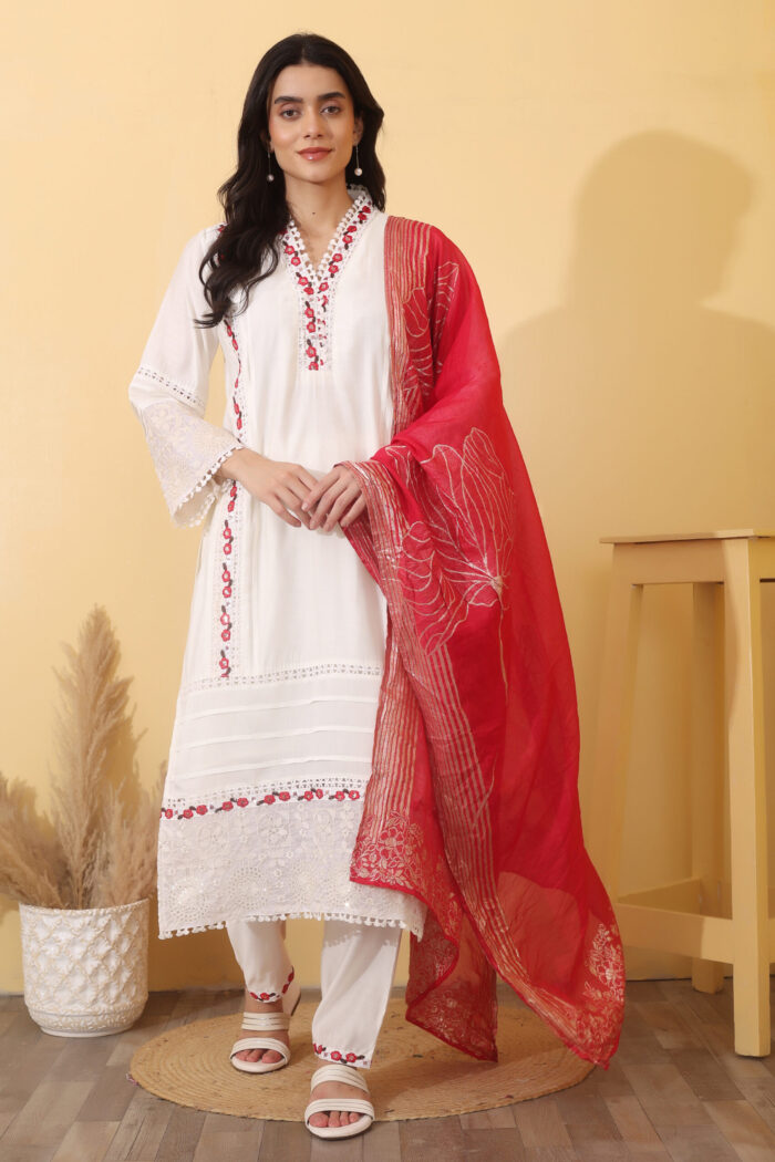 Women Elegant White Embroidered Kurta Set with Red Floral Dupatta - Image 1
