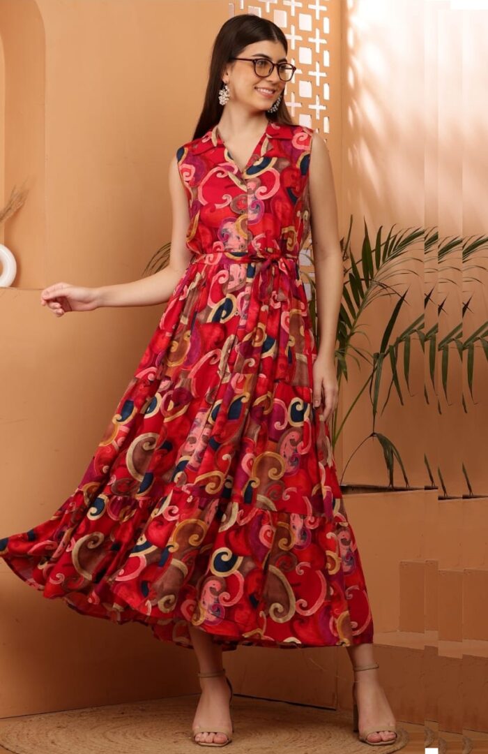 Women's Fit and Flare Midi Dress | Sleeveless Front Floral Print Cotton Dress - Image 3