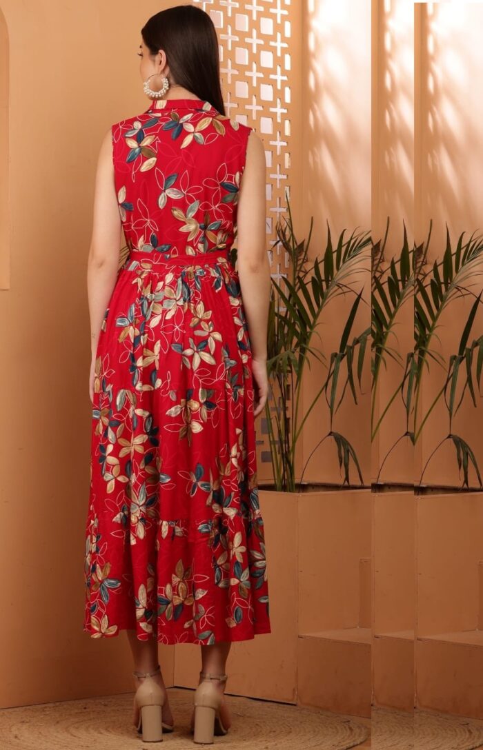 Women's Fit and Flare Midi Dress | Sleeveless Front Floral Print Cotton Dress - Image 5