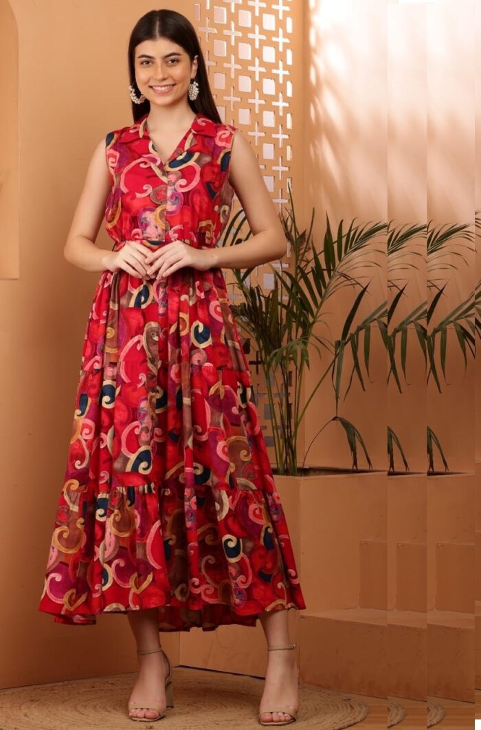 Women's Fit and Flare Midi Dress | Sleeveless Front Floral Print Cotton Dress - Image 1