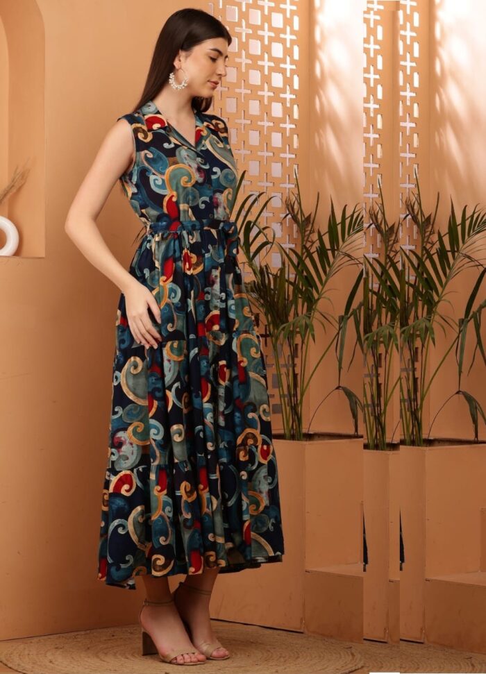 Women's Fit and Flare Midi Dress | Sleeveless Front Floral Print Cotton Dress - Image 2