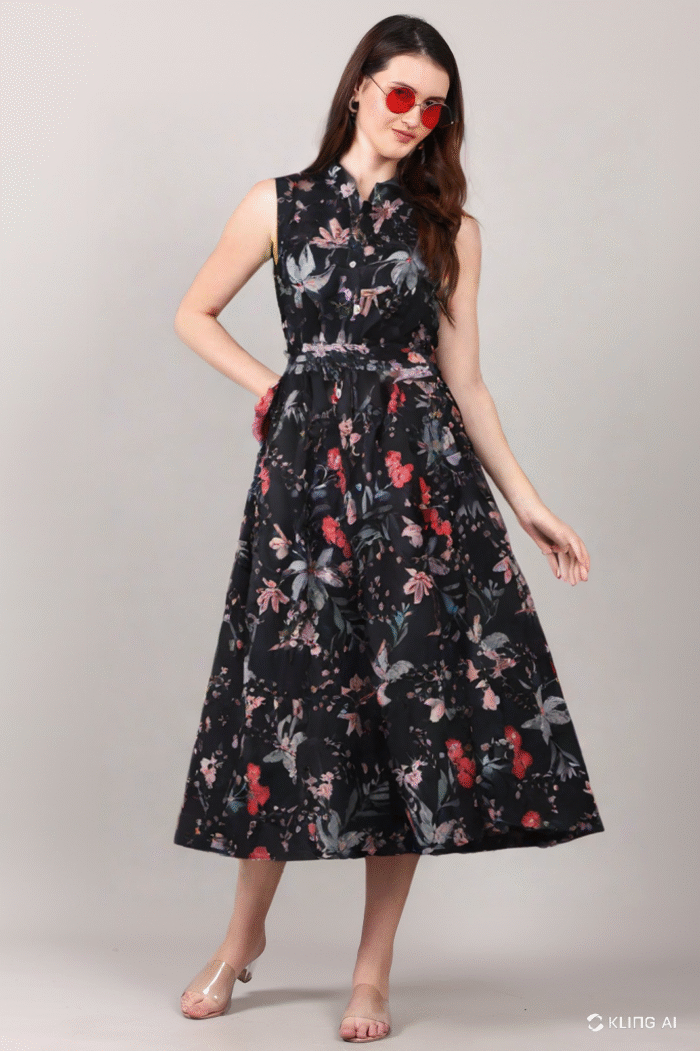 Women's Fit and Flare Midi Dress | Sleeveless Front Floral Print Cotton Dress - Image 6