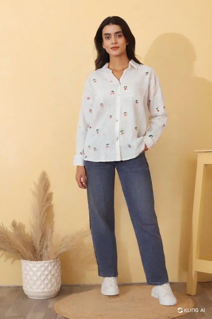 White Cotton Shirt with Blue Straight-Leg Jeans – Casual Chic Women's Outfit - Image 1