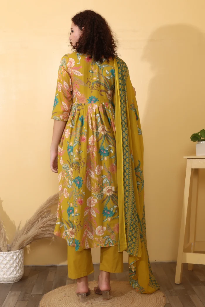 Floral Printed Yellow A-Line Anarkali Kurta Set for Women - Image 3