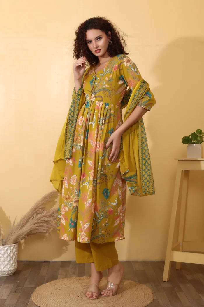 Floral Printed Yellow A-Line Anarkali Kurta Set for Women - Image 4