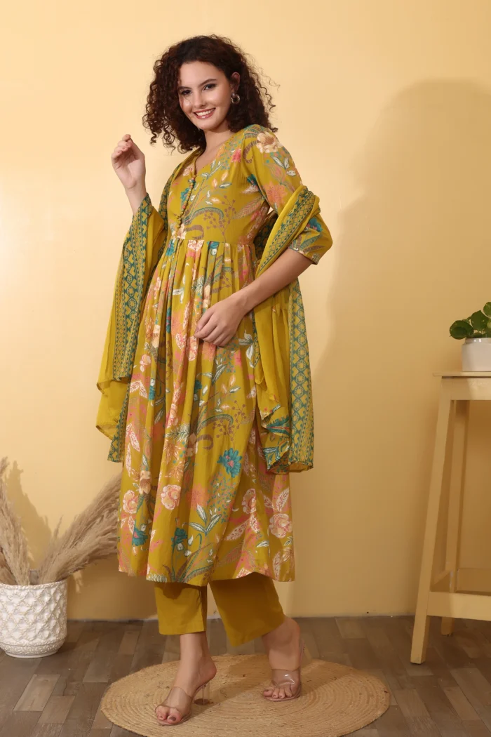 Floral Printed Yellow A-Line Anarkali Kurta Set for Women - Image 1
