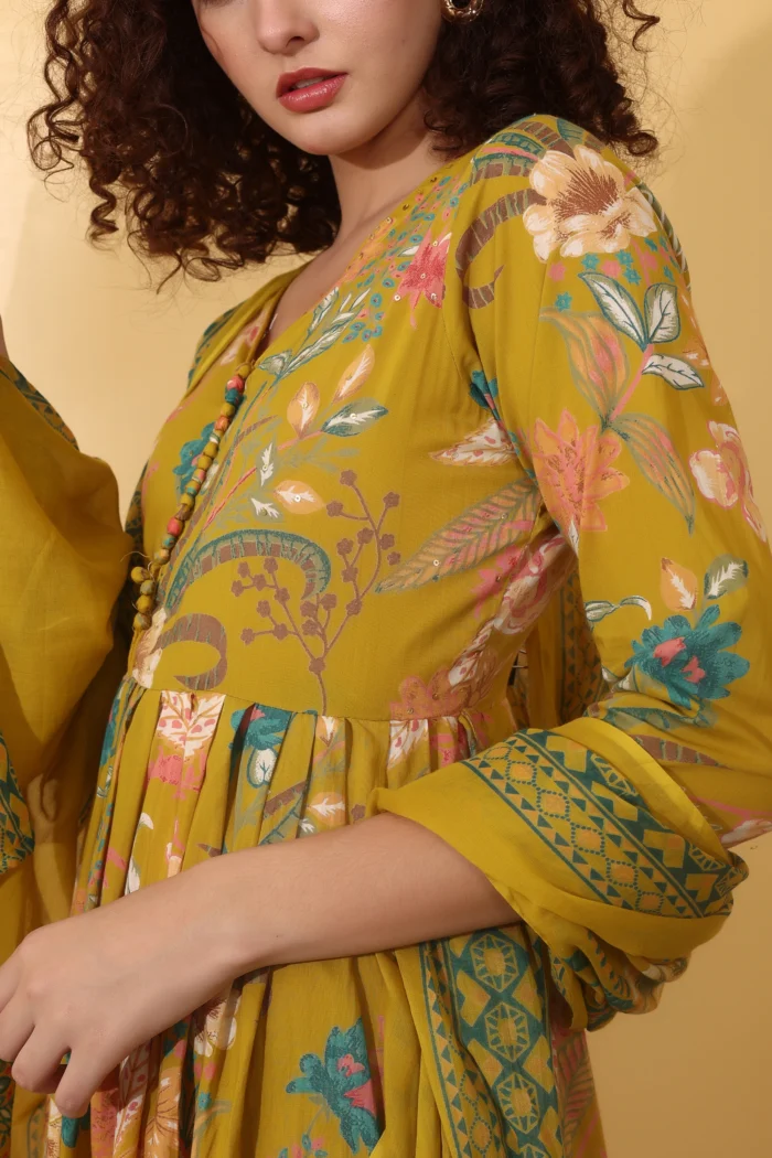 Floral Printed Yellow A-Line Anarkali Kurta Set for Women - Image 5
