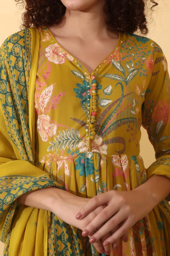 Floral Printed Yellow A-Line Anarkali Kurta Set for Women - Image 6