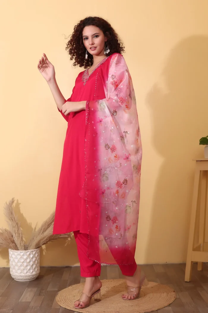 Cherry Red Embroidered Kurti Set with Organza Dupatta - Image 2