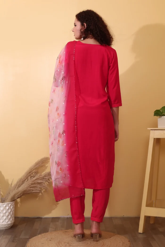 Cherry Red Embroidered Kurti Set with Organza Dupatta - Image 3