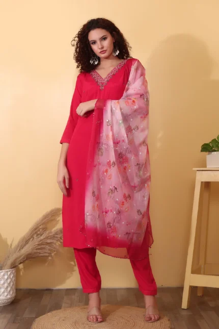 Cherry Red Embroidered Kurti Set with Organza Dupatta