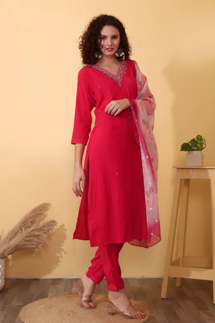 Cherry Red Embroidered Kurti Set with Organza Dupatta - Image 6