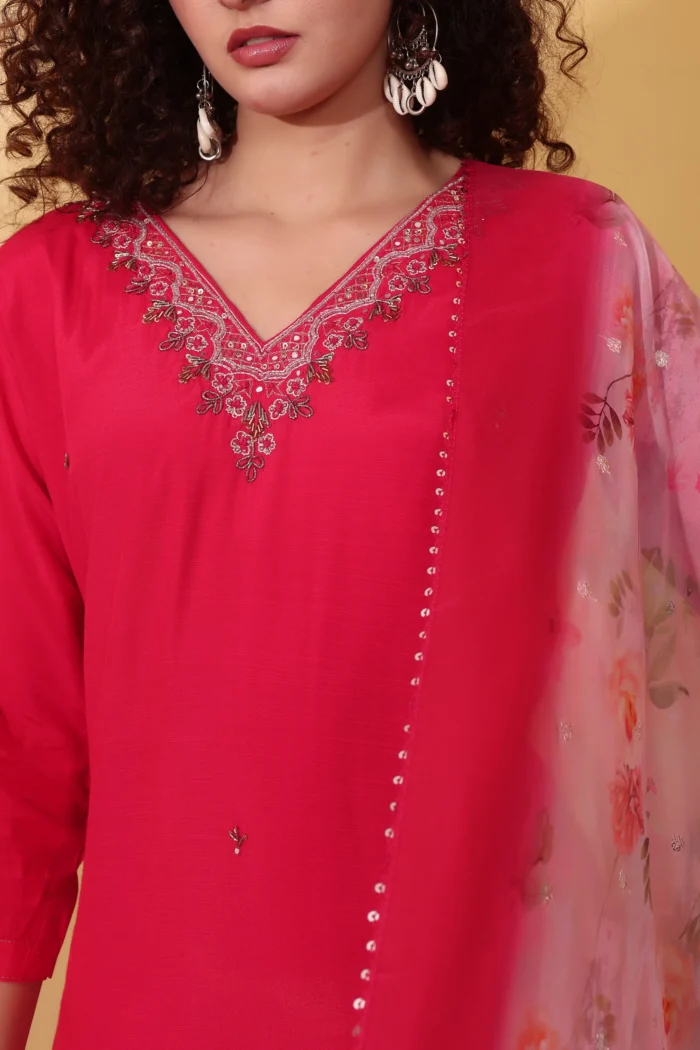 Cherry Red Embroidered Kurti Set with Organza Dupatta - Image 8