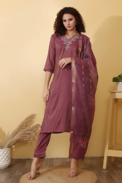 Mauve Cotton-Blend Kurta Set with Embroidered Neckline & Organza Dupatta