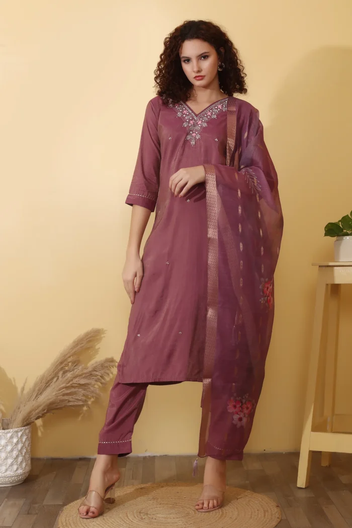 Mauve Cotton-Blend Kurta Set with Embroidered Neckline & Organza Dupatta - Image 1
