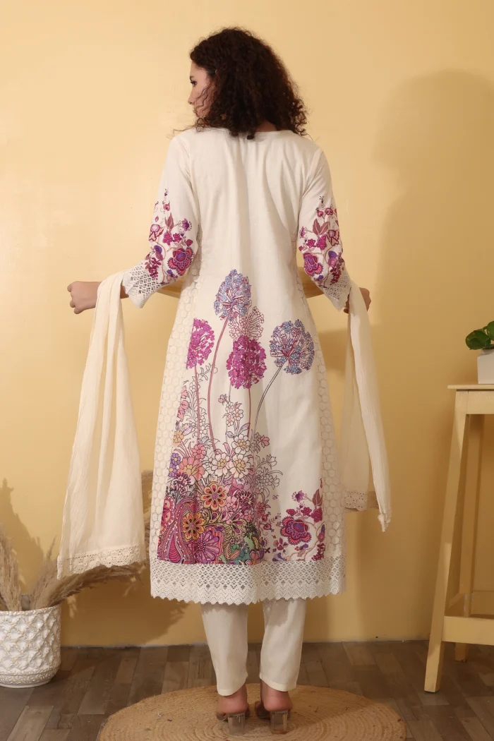 Women’s Embroidered Anarkali Kurti with Pant and Dupatta Set — Off-White, Cotton, Festive Ethnic Wear - Image 4