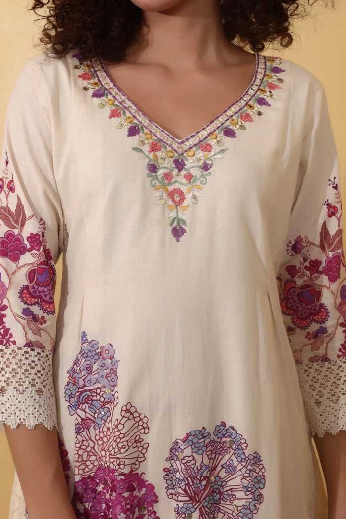 Women’s Embroidered Anarkali Kurti with Pant and Dupatta Set — Off-White, Cotton, Festive Ethnic Wear - Image 5