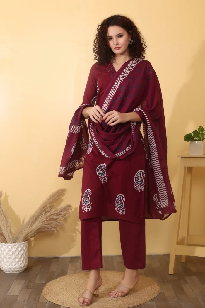 A-Line Cotton Maroon Paisley Printed Kurti Set with Dupatta - Image 1