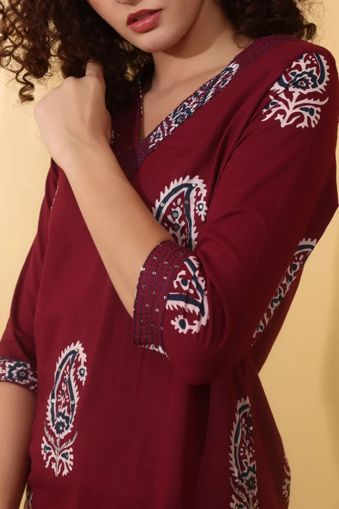 A-Line Cotton Maroon Paisley Printed Kurti Set with Dupatta - Image 6