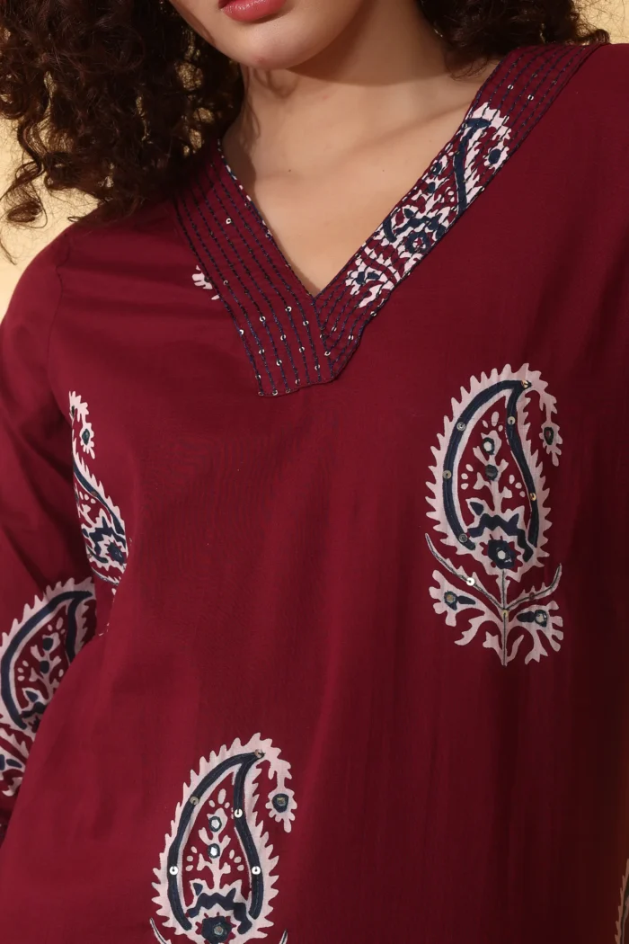 A-Line Cotton Maroon Paisley Printed Kurti Set with Dupatta - Image 7