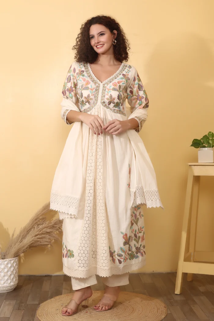 Women Embroidered Off-White Anarkali Kurti Set - Image 1